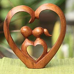 Hand Carved Heart Sculpture, 'Story of Love'