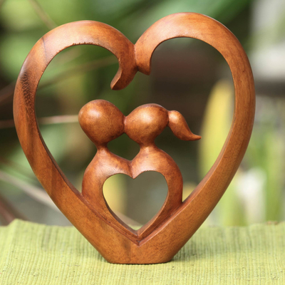 Wood sculpture, 'Story of Love' - Hand Carved Heart Sculpture