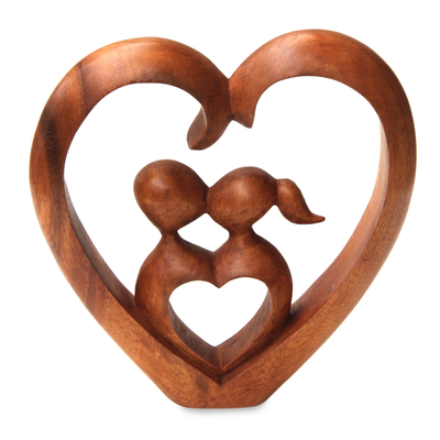 Wood sculpture, 'Story of Love' - Hand Carved Balinese Suar Wood Heart Sculpture of Kissing Co
