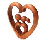 Wood sculpture, 'Story of Love' - Hand Carved Heart Sculpture