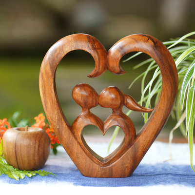 Wood sculpture, 'Story of Love' - Hand Carved Heart Sculpture