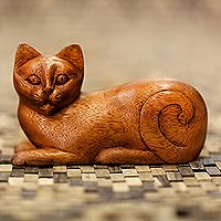 Wood sculpture, 'Balinese Cat' - Wood Kitty Sculpture from Indonesia