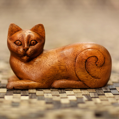 Wood sculpture, 'Balinese Cat' - Wood Kitty Sculpture from Indonesia