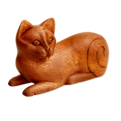 Escultura de madera - Escultura de gatito de madera de Indonesia