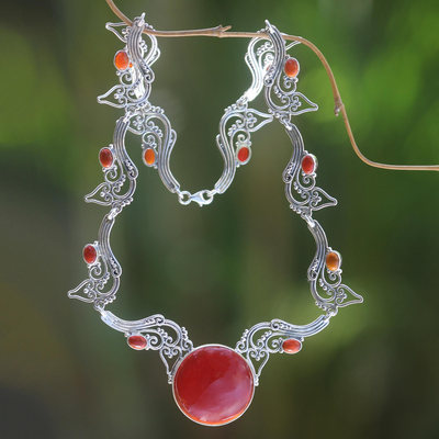 Carnelian pendant necklace, 'Majapahit Empress' - Carnelian and Sterling Silver Necklace