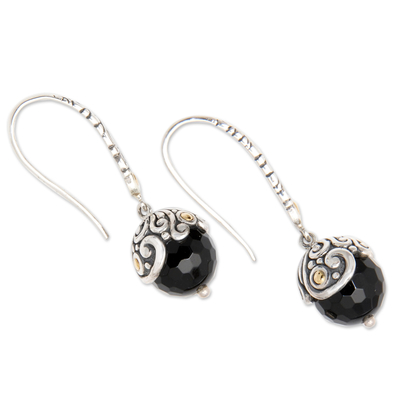 Onyx dangle earrings, 'Denpasar Belle' - Fair Trade Gold Accent and Onyx Dangle Earrings