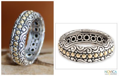 Gold accent band ring, 'Sumatra Suns' - Handcrafted Indonesian Gold Accent and Silver Band Ring
