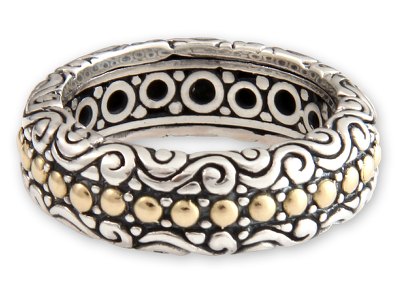 Gold accent band ring, 'Sumatra Suns' - Handcrafted Indonesian Gold Accent and Silver Band Ring