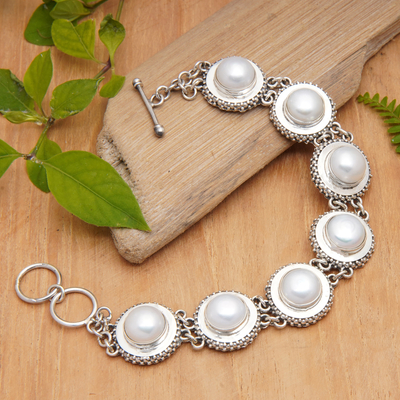 Cultured pearl link bracelet, 'Moonlit Serenade' - Hand Crafted Pearl and Silver Link Bracelet