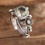 Prasiolite flower ring, 'Sunflowers' - Handcrafted Floral Prasiolite Ring