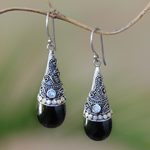 Hematite and rainbow moonstone dangle earrings, 'Bali Mystique' - Hematite and Rainbow Moonstone Silver Earrings