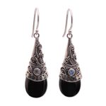 Hematite and rainbow moonstone dangle earrings, 'Bali Mystique' - Hematite and Rainbow Moonstone Silver Earrings