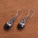 Hematite and rainbow moonstone dangle earrings, 'Bali Mystique' - Hematite and Rainbow Moonstone Silver Earrings