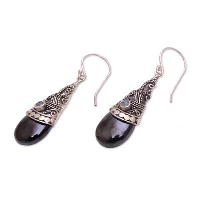 Hematite and rainbow moonstone dangle earrings, 'Bali Mystique' - Hematite and Rainbow Moonstone Silver Earrings