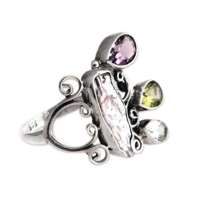 Cultured pearl multi-gem cocktail ring, 'Kuta Exotica' - Pearl and Amethyst Rings