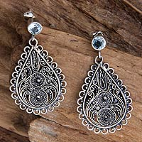 Blue topaz filigree earrings, 'Bali Dew' - Blue topaz filigree earrings