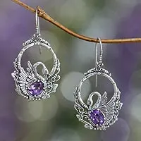 Amethyst dangle earrings, 'Dancing Swan' - Sterling Silver and Amethyst Earrings