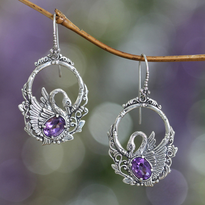 Amethyst dangle earrings, 'Dancing Swan' - Sterling Silver and Amethyst Bird Earrings