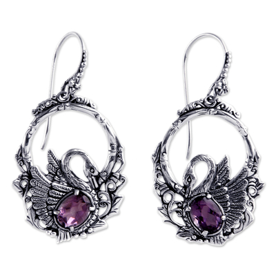 Amethyst dangle earrings, 'Dancing Swan' - Sterling Silver and Amethyst Bird Earrings