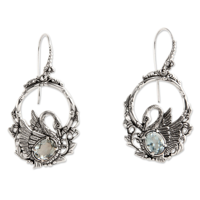 Blue topaz dangle earrings, 'Dancing Swan' - Handmade Sterling Silver and Blue Topaz Bird Earrings