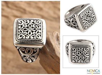 Sterling silver signet ring, 'Garden of the Cross' - Artisan Crafted Sterling Silver Signet Ring