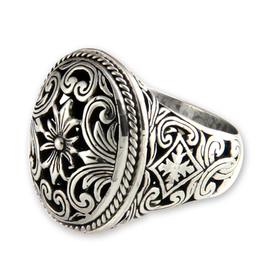 Sterling silver flower ring, 'Forest Blossom' - Floral Sterling Silver Signet Ring