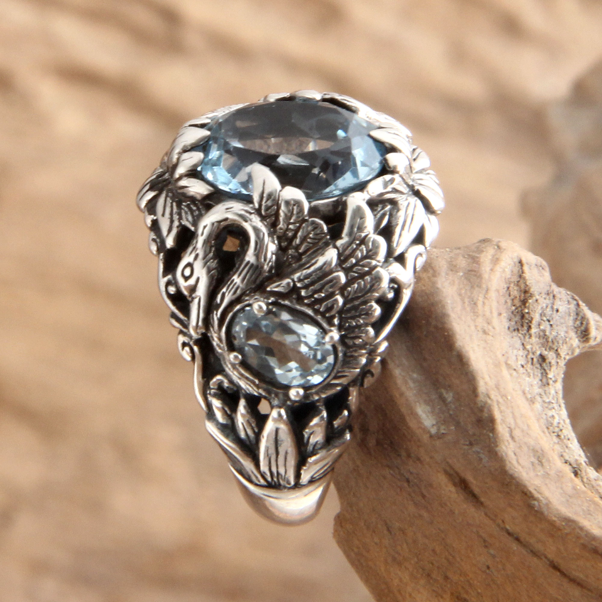 Sterling Silver and Blue Topaz Cocktail Ring - Dancing Swan