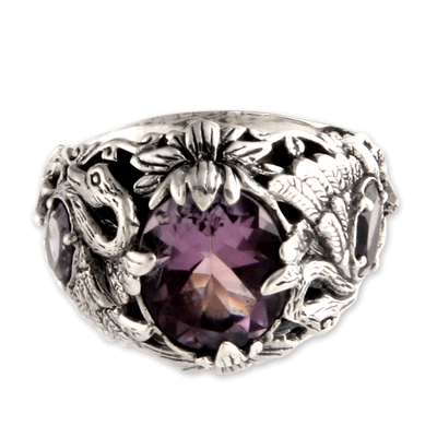 Amethyst cocktail ring, 'Dancing Swan' - Amethyst and Garnet Cocktail Ring