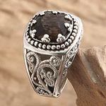 Sterling Silver and Smoky Quartz Ring, 'Rain Forest Sparkle'