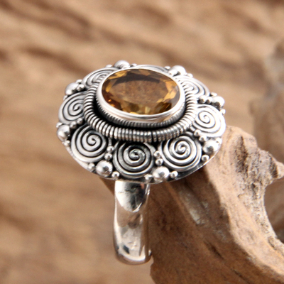 Citrine flower ring, 'Balinese Sunflower' - Indonesian Sterling Silver and Citrine Cocktail Ring