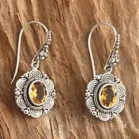 Citrine flower earrings, 'Balinese Sunflower' - Floral Sterling Silver and Citrine Dangle Earrings