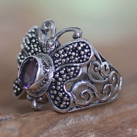 Amethyst cocktail ring, 'Butterfly Soul' - Sterling Silver and Amethyst Ring from Indonesia