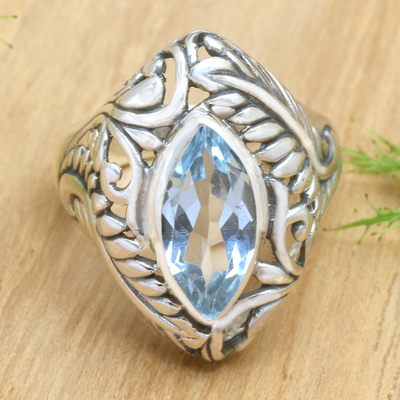 Blue topaz single stone ring, 'Joyous Jungle' - Blue topaz single stone ring