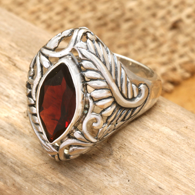 Garnet single stone ring, 'Joyous Jungle' - Hand Made Sterling Silver and Garnet Ring