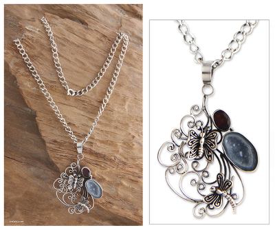 Garnet and drusy pendant necklace, 'Balinese Afternoon' - Fair Trade Sterling Silver and Drusy Butterfly Necklace