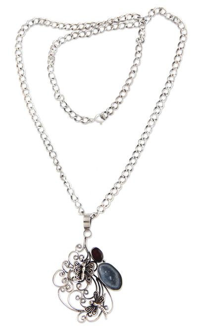 Garnet and drusy pendant necklace, 'Balinese Afternoon' - Fair Trade Sterling Silver and Drusy Butterfly Necklace