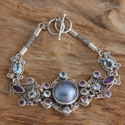 Armband mit Zuchtperlen und Amethystblüten - Handgefertigtes Armband aus Sterlingsilber und Perlen
