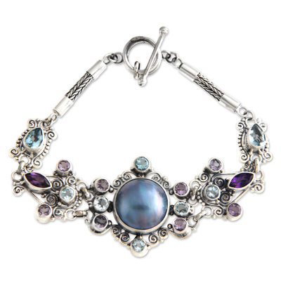 Cultured pearl and amethyst flower bracelet, 'Goddess Petals' - Handcrafted Sterling Silver and Pearl Bracelet