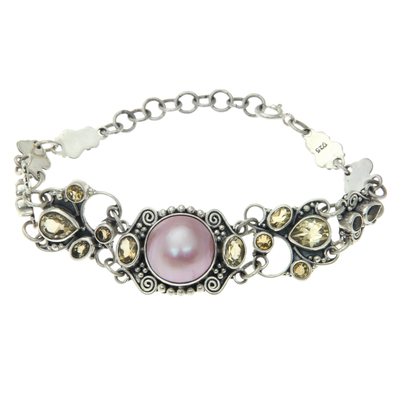 Cultured pearl and citrine flower bracelet, 'Moon Garden' - Unique Pearl and Citrine Bracelet