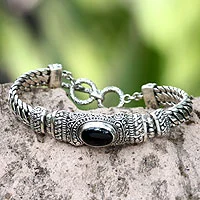 Herren-Onyx-Armband, „Royal Bali“ – handgefertigtes Herren-Armband aus Sterlingsilber und Onyx