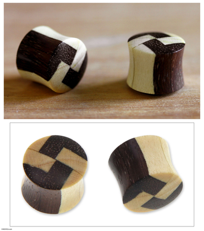 Wood ear plugs, 'Mosaic' - Wood ear plugs