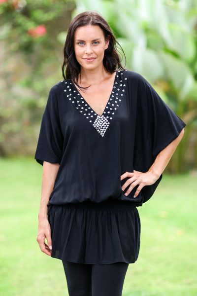 Butterfly sleeve tunic, 'Divine Feminine in Black' - Hand Crafted Butterfly Sleeve Knit Tunic