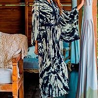 Bata de rayón tie-dye - Bata estilo kimono para mujer con teñido anudado en azul y crema