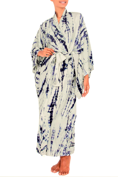 Tie-dyed rayon robe, 'High Energy' - Women's Kimono Style Tie-dye Robe on Blue and Cream