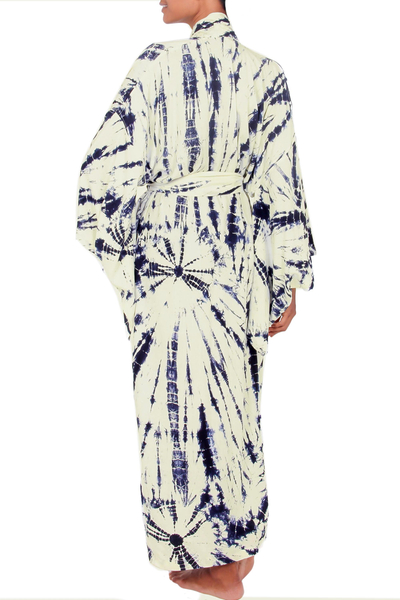 Bata de rayón tie-dye - Bata estilo kimono para mujer con teñido anudado en azul y crema