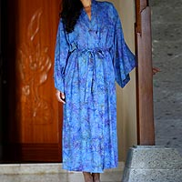 Batik robe, 'Blue Anemone' - Floral Patterned Robe