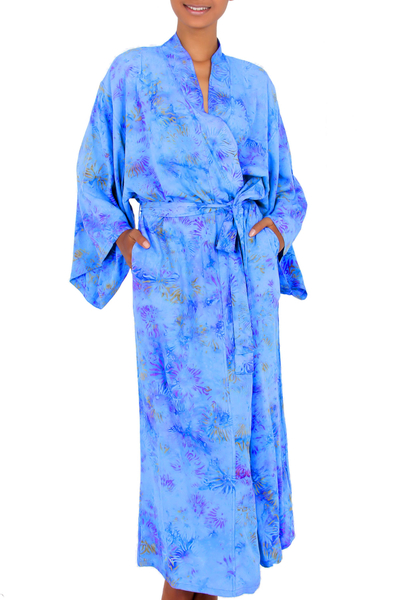 Batik robe, 'Blue Anemone' - Floral Patterned Robe