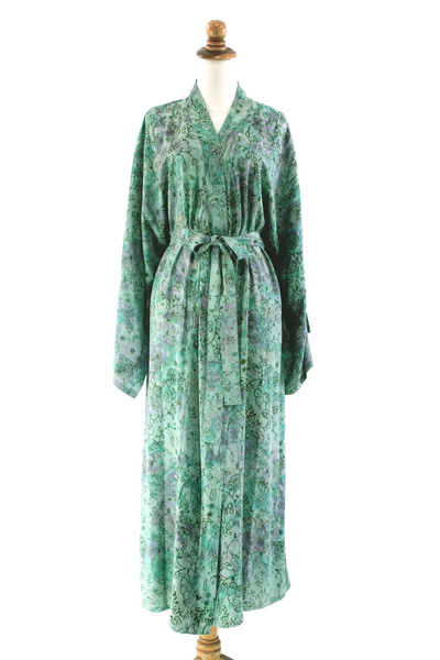 Rayon batik robe, 'Misty Javanese Forest' - Artisan Crafted Women's Rayon Batik Robe