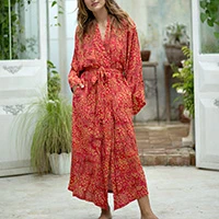 Batik robe, 'Autumn Joy' - Red Orange and Yellow Batik Rayon Front Wrap Robe Handcrafte