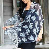 Silk batik shawl, 'Indigo Feather'